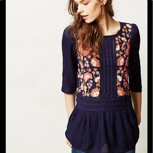 Anthropologie Tops - Floreat floral navy peplum button back blouse 10